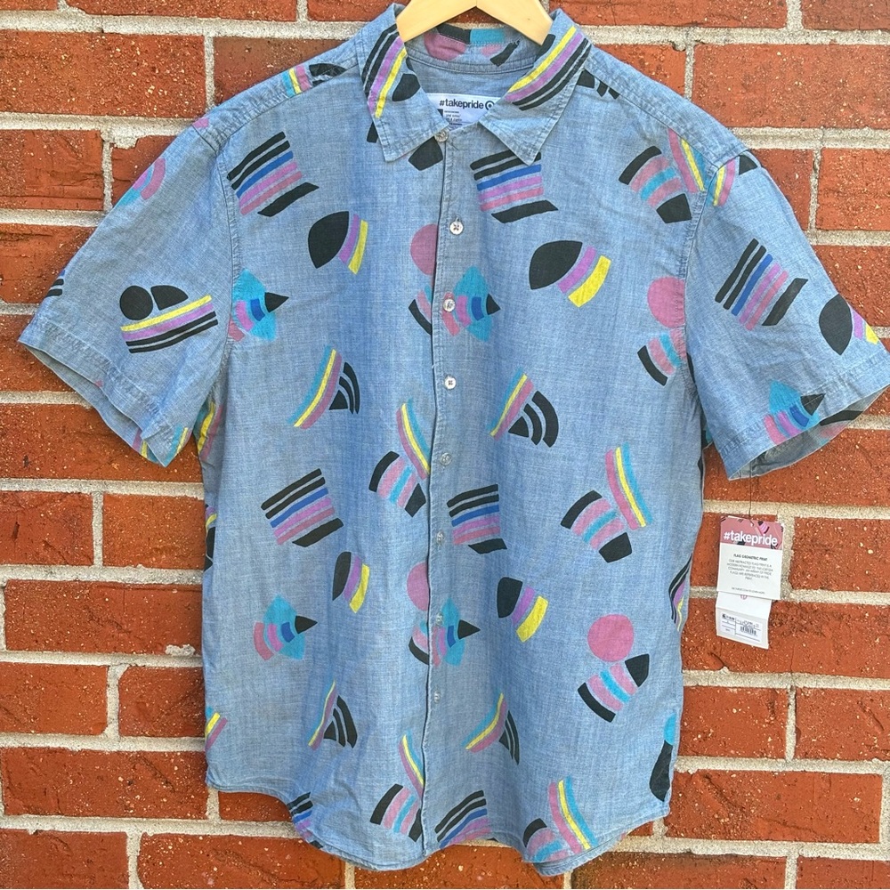 Take Pride Button Up Shirt Cotton Blue Geometric Print Men L